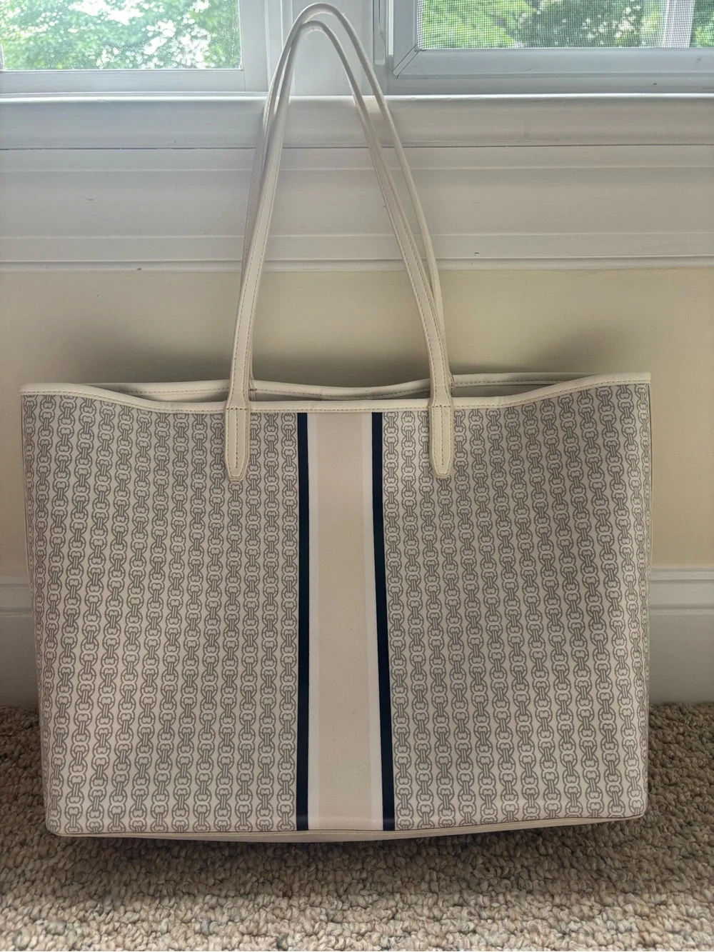 Tory Burch Cream Signature Tote with Navy Center Stripe